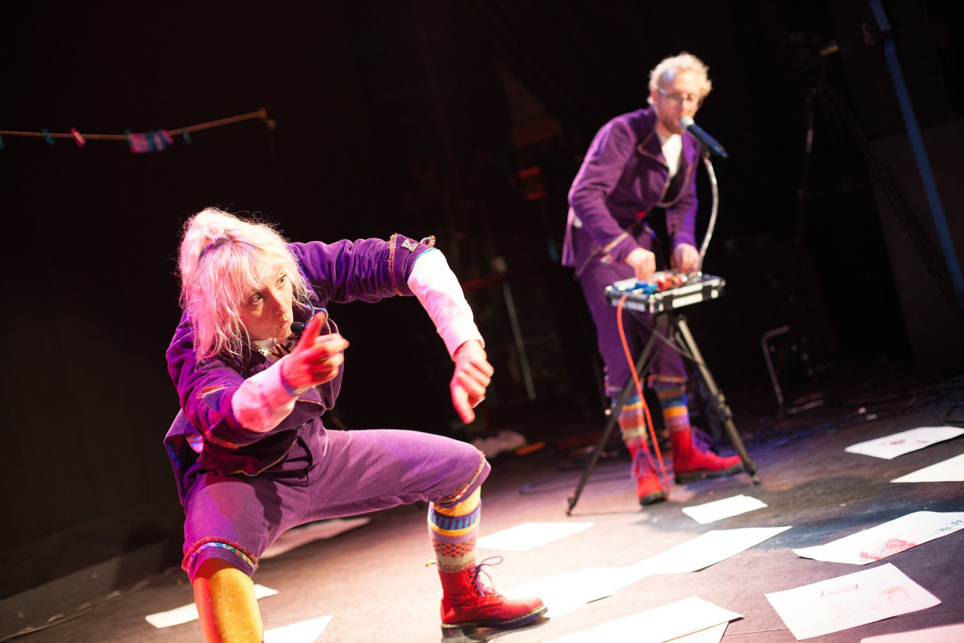 Simon and Katie performing Adventure Bureau Show on stage at The Cube, Bristol